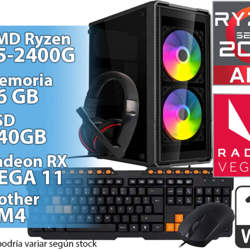 CPU Amd Ryzen 5 2400G 3.9GHZ 16GB 3200MHZ 240GB Vega Graphics 11 WIFI 6 Dual Band Bluetooth 5.0 Teclado Mouse Auriculares Gaming Gamer Sin Sistema Operativo - Outlet - Sin Detalles Esteticos