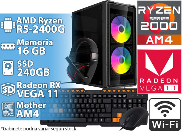 Cpu Amd Ryzen 5 2400g 3.9ghz 16gb 3200mhz 240gb Vega Graphics 11 Wifi 6 Dual Band Bluetooth 5.0 Teclado Mouse Auriculares Gaming Gamer Sin Sistema Operativo - Outlet - Sin Detalles Esteticos
