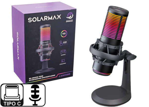 Microfono Solarmax LSM98B RGB 8 Efectos Cable USB 2MTS Boton Touch Bimodo Cardioide Omnidireccional