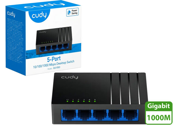 Switch De Red 5 Puertos Cudy GS105D 10/100/1000 1000MBPS Gigabit Incluye Trafo 5V 0.5A Dimensiones 88X52.5X24MM