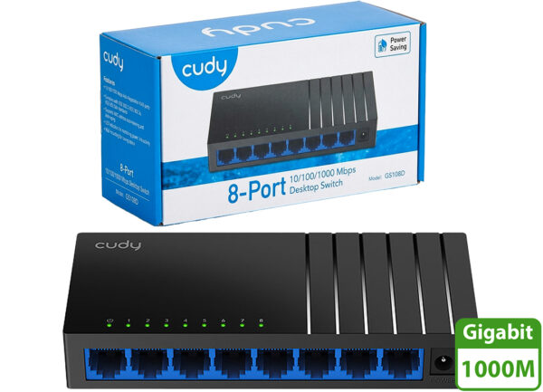Switch De Red 8 Puertos Cudy GS108D 10/100/1000 Gigabit Incluye Trafo 5V 0.5A Dimensiones 138X61.5X24MM