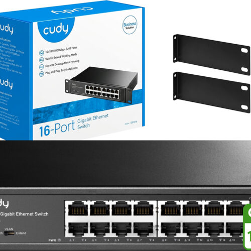 Switch De Red 16 Puertos Cudy GS1016 10/100/1000 Gigabit Metalico Rackeable Incluye Trafo Dimensiones 200X118X44MM