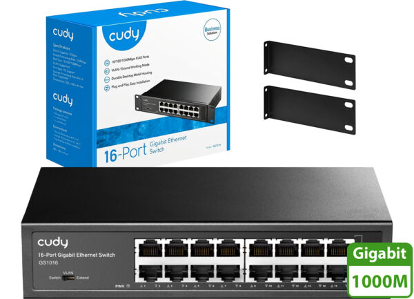 Switch De Red 16 Puertos Cudy GS1016 10/100/1000 Gigabit Metalico Rackeable Incluye Trafo Dimensiones 200X118X44MM
