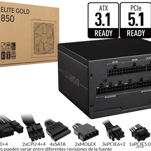 Fuente Cooler Master Elite Gold 850W Full Modular 80 Plus Gold ATX3.1 PCIE5.1 12V 70.8A 20+4PINES 2X8PINES 2X6+2PINES 4XSATA 2XMOLEX Negra
