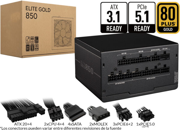 Fuente Cooler Master Elite Gold 850W Full Modular 80 Plus Gold ATX3.1 PCIE5.1 12V 70.8A 20+4PINES 2X8PINES 2X6+2PINES 4XSATA 2XMOLEX Negra
