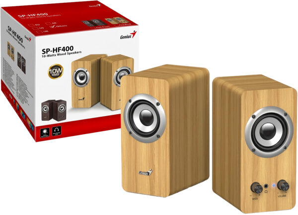 Parlantes Genius SP-HF400 10 Watts 220V Cable USB 1.2MTS Control De Volumen Y Bass Madera Marron Claro