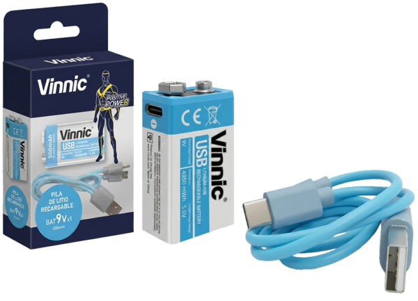 Bateria Recargable 9V 550MAH Vinnic - No Requiere Cargador De Pilas - Carga Por Tipo C Incluye Cable