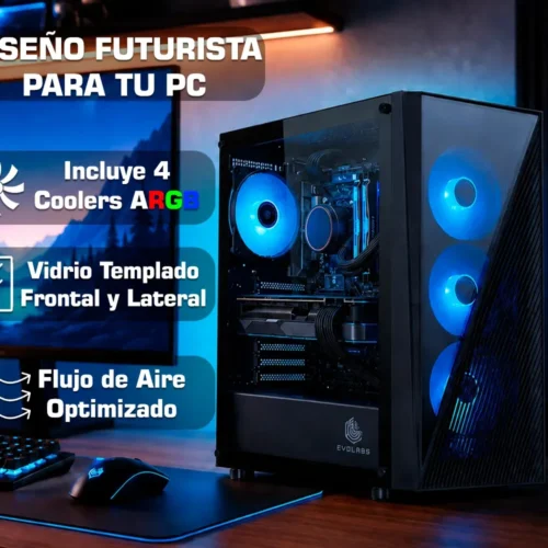 Gabinete Gamer 4 Coolers ARGB Vidrio Templado Evolabs Duality EVO-205A Mid Tower Negro