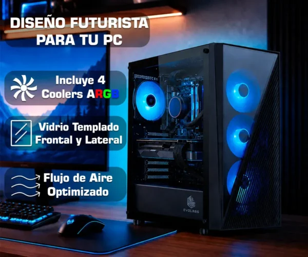 Gabinete Gamer 4 Coolers ARGB Vidrio Templado Evolabs Duality EVO-205A Mid Tower Negro