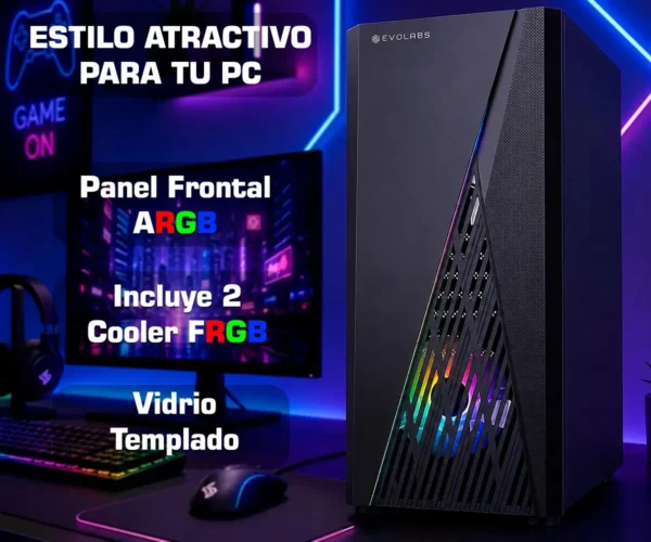 Gabinete Gamer Vidrio Templado 2 Coolers Incluidos Evolabs Streak Evo-105a Panel ARGB Mesh