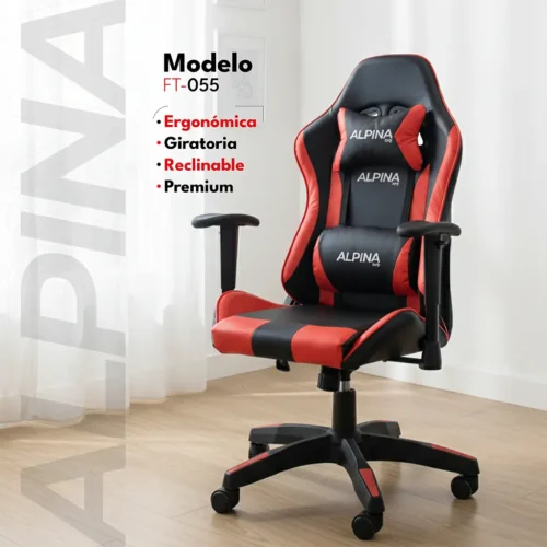 Silla Gamer Alpina Ergonomica Giratoria Reclinable Pre Ft055 Color Negro/Rojo Material del tapizado Cuero sintético