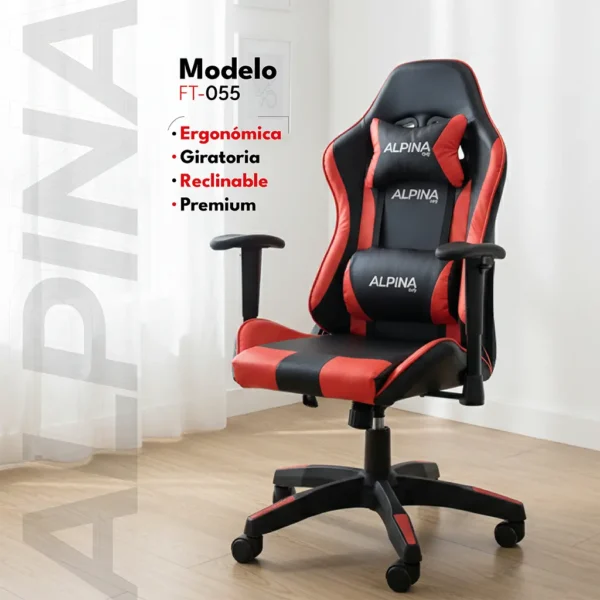 Silla Gamer Alpina Ergonomica Giratoria Reclinable Pre Ft055 Color Negro/Rojo Material del tapizado Cuero sintético