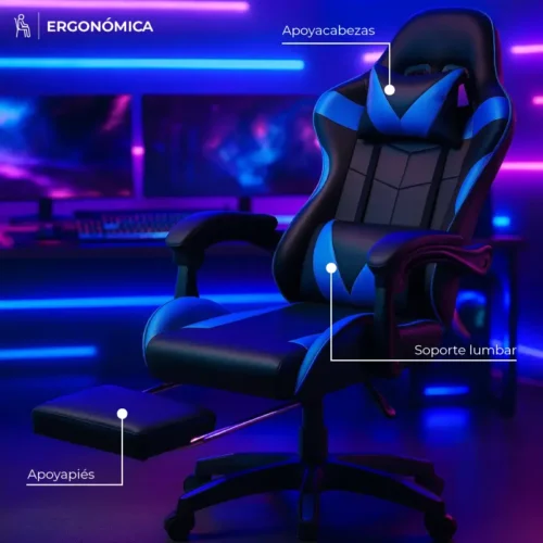 Silla Gamer Ergonomica Reclinable Con Apoya Pies Base Giratoria De Cuero Sintetico Color Azul Cl