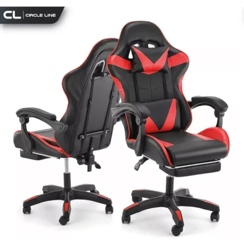 Silla Gamer Ergonomica Reclinable Con Apoya Pies Base Giratoria De Cuero Sintetico Color Rojo Cl