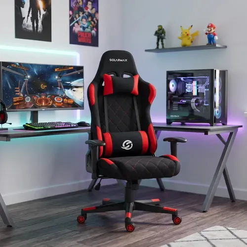Silla Gamer Ergonómica rojo y negro con Parlantes Bluetooth y almohadones Solarmax SXGC-7007